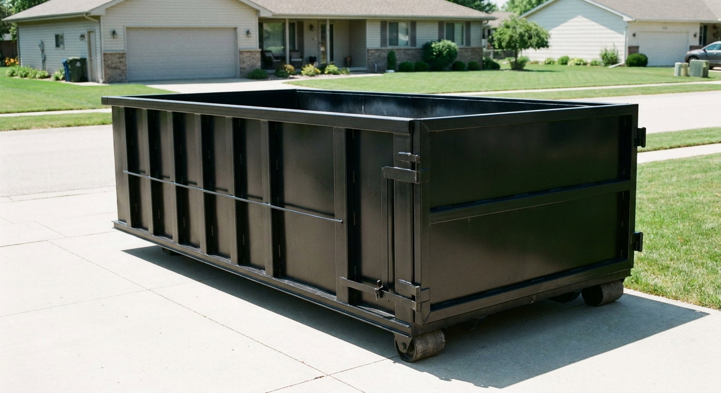 Matte-black 10-yard roll-off dumpster on a residential concrete driveway in Glendale, uniformly painted matte black across every panel and rail, ribbed steel sidewalls and rear swing door visible, mid-day daylight.