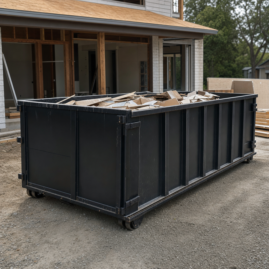 Large matte-black 30-yard construction roll-off dumpster at an active Glendale jobsite, steel-gray top rails and bottom rollers visible, loaded with construction debris.