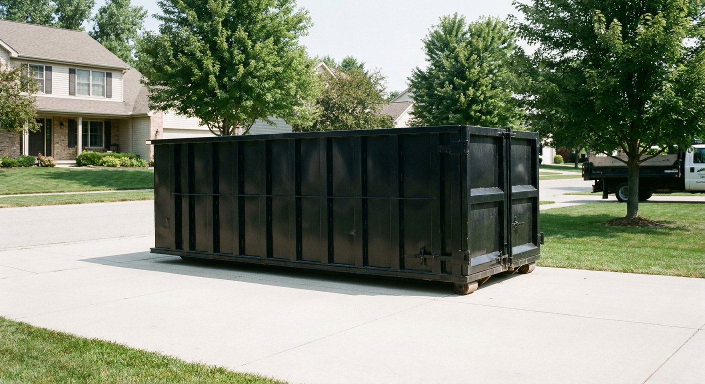 Matte-black 20-yard roll-off dumpster sitting level on a clean Glendale residential concrete driveway under bright daylight, demonstrating clean placement directly on the concrete.