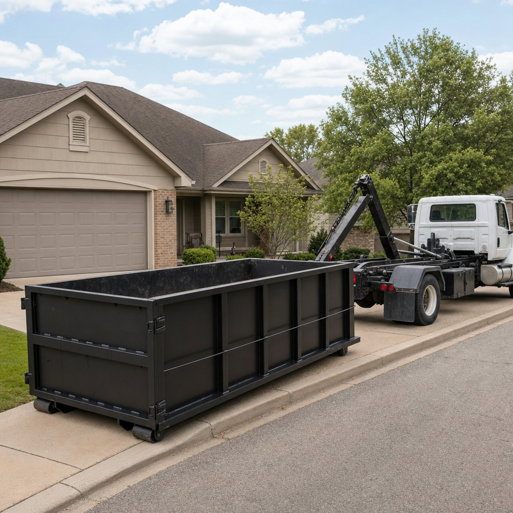 Wide documentary shot of a matte-black roll-off dumpster on a Glendale residential driveway in the foreground and a contractor jobsite container in the soft-focus background, bright daylight, calm and orderly composition.